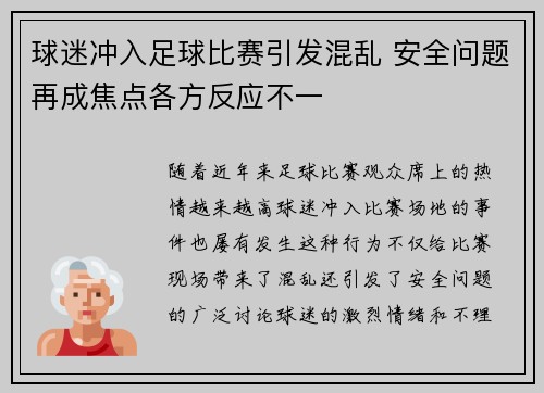 球迷冲入足球比赛引发混乱 安全问题再成焦点各方反应不一